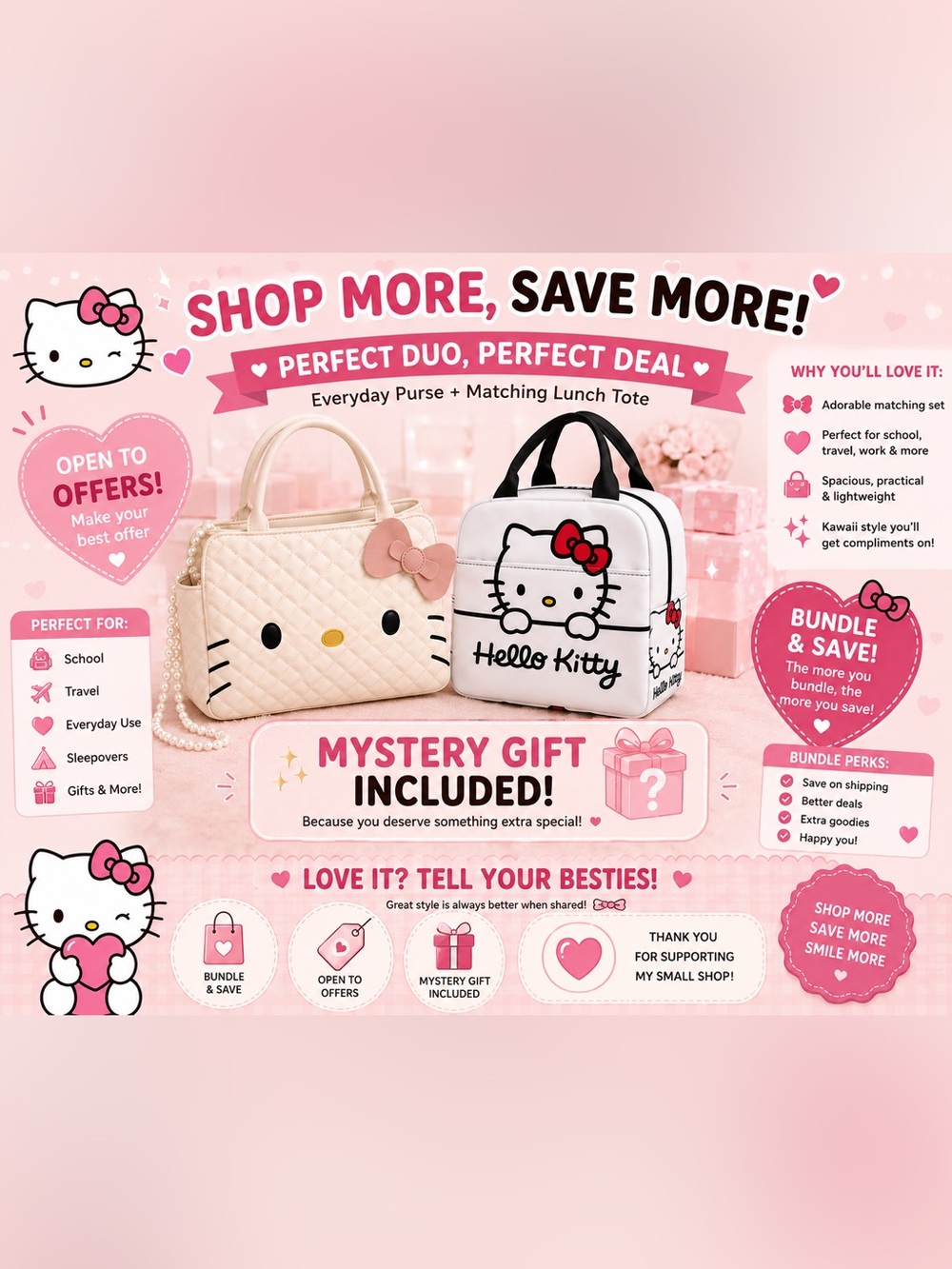 Hello Kitty Cream & Pink Quilted Satchel with Matching White Lunch Tote - Picture 8 of 9